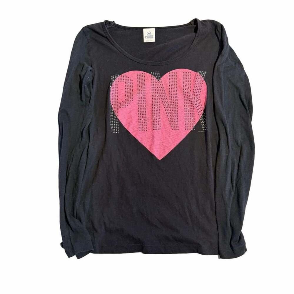 Pink Victoria's Secret Heart Bling Long Sleeve Tee Size M-M Black